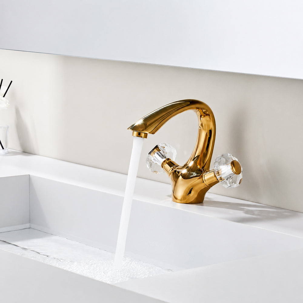 Polished Gold Modern Bathroom Sink Faucet, Single-Hole Dual-Handle Brass Faucet with Crystal Knob Handles