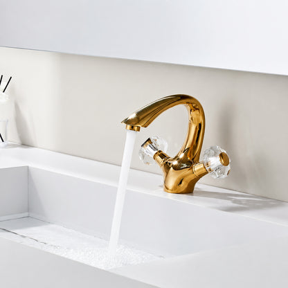 Polished Gold Modern Bathroom Sink Faucet, Single-Hole Dual-Handle Brass Faucet with Crystal Knob Handles