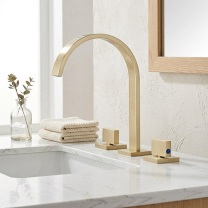 Lagomel widespread bathroom faucet in brushed gold, chrome, matte black, brushed nickel, gunmetal, polished gold, set in a Modern/Contemporary bathroom