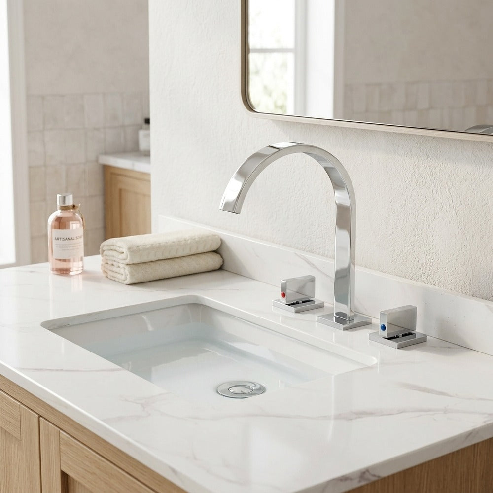 Lagomel widespread bathroom faucet, set in a Modern/Contemporary bathroom