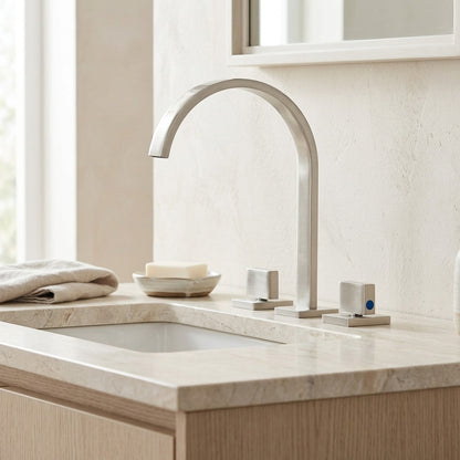 Lagomel widespread bathroom faucet, set in a Modern/Contemporary bathroom