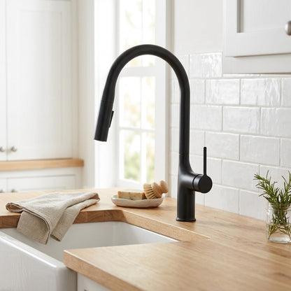 Lagomel single-handle pull-down kitchen faucet in matte black, chrome, brushed gold, set in a Modern/Contemporary kitchen