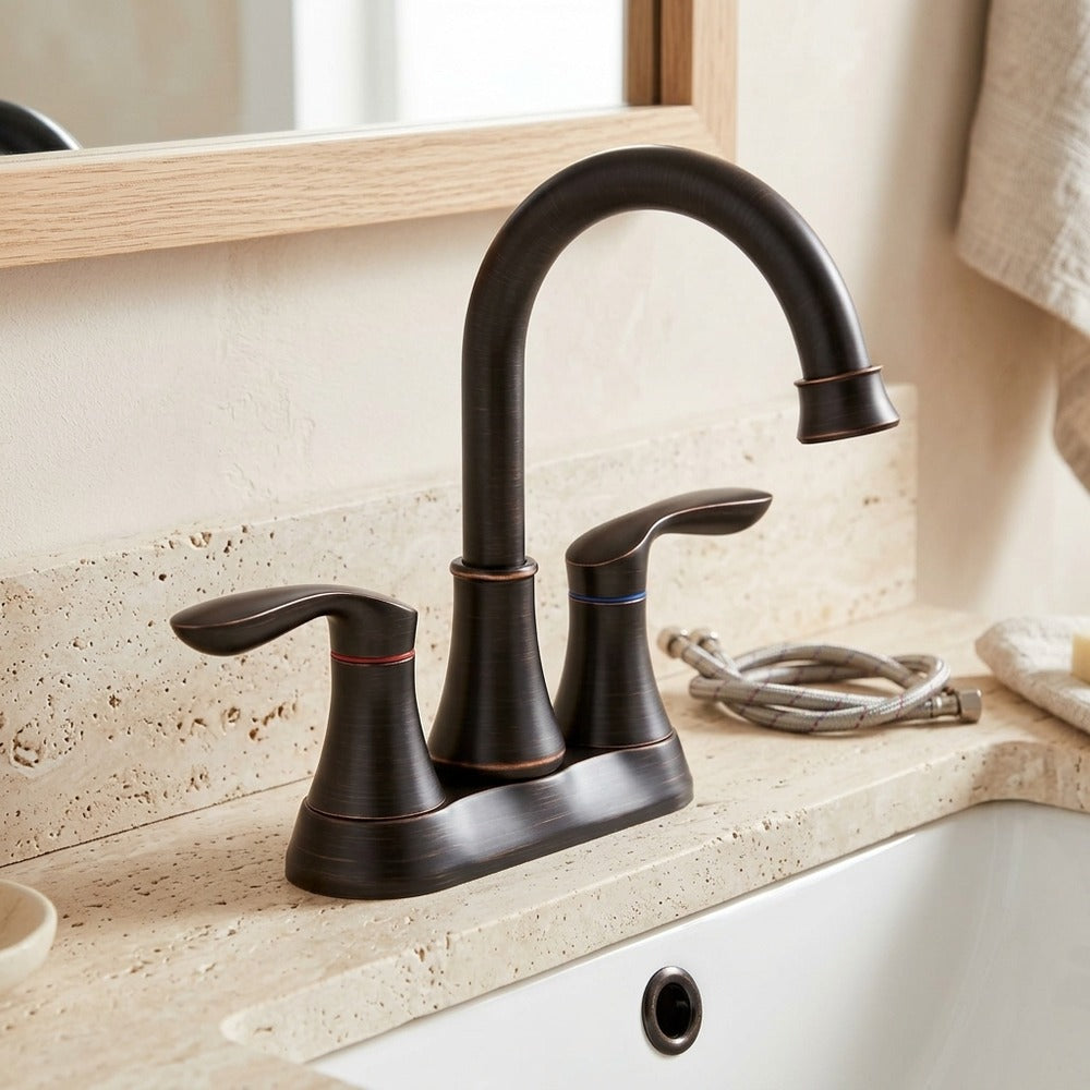 Lagomel centerset bathroom faucet in oil-rubbed bronze, brushed nickel, set in a Modern bathroom