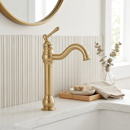 Lagomel single-handle vessel sink faucet in brushed gold, brushed nickel, oil-rubbed bronze, set in a Traditional/Classic/Contemporary bathroom
