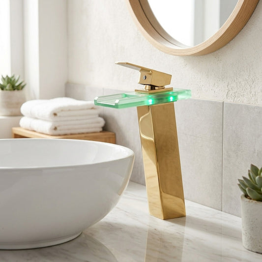 Lagomel waterfall single-handle vessel sink faucet in polished gold, brushed nickel, oil-rubbed bronze, chrome, set in a Modern/Contemporary bathroom