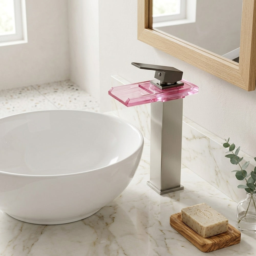 Lagomel waterfall single-handle vessel sink faucet, set in a Modern/Contemporary bathroom