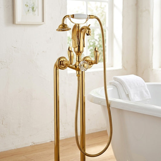Lagomel double-handle wall-mount tub filler in polished gold, set in a Traditional/Classic/Vintage/Retro bathroom