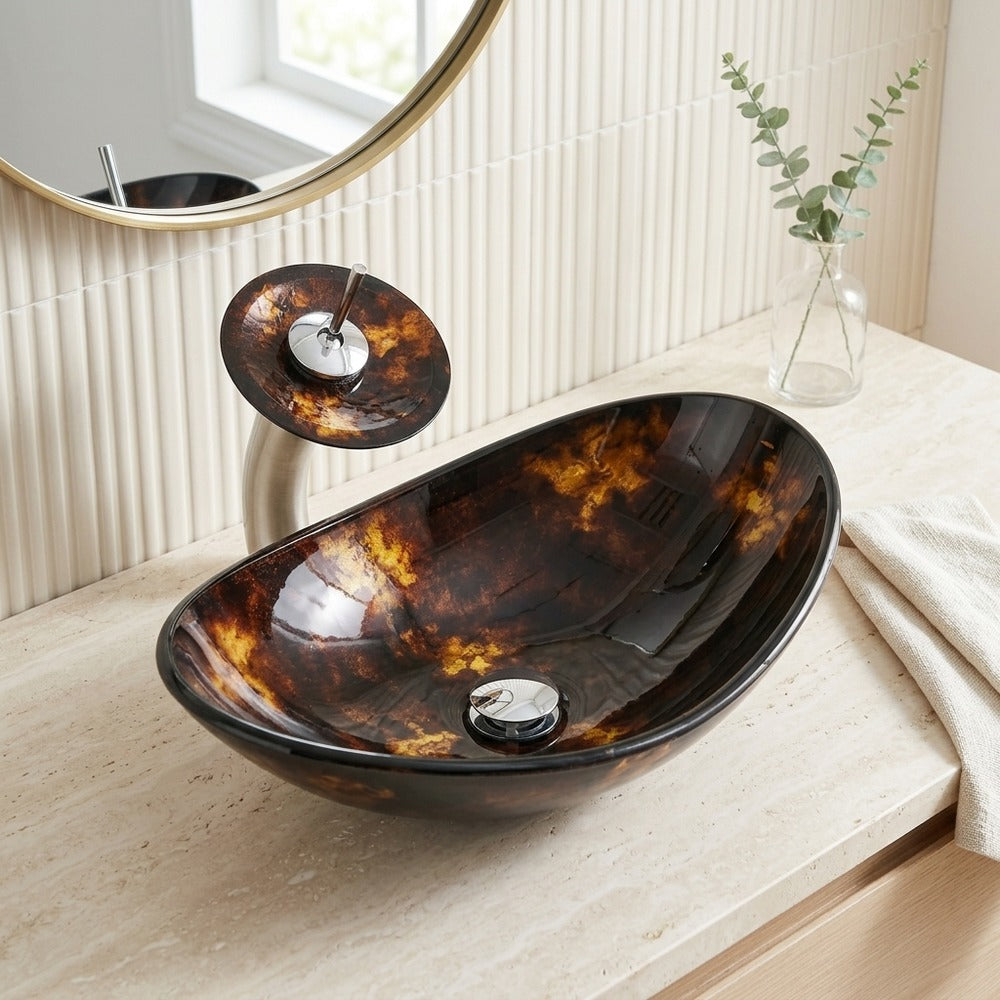 Lagomel waterfall faucet and sink set in chrome, two-tone / mixed finish, set in a Modern/Contemporary bathroom