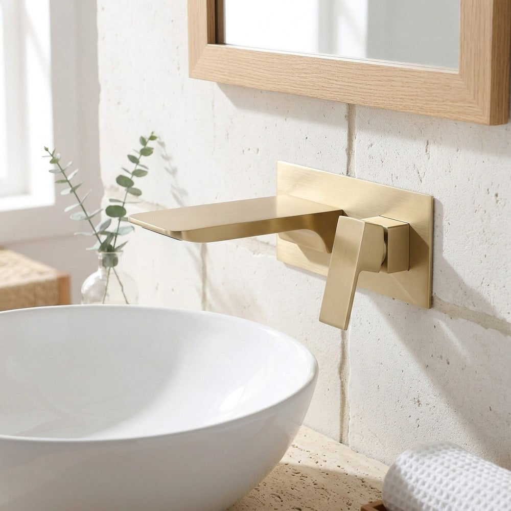 Lagomel waterfall single-handle wall-mount bathroom faucet in brushed gold, matte black, chrome, set in a Modern/Contemporary bathroom
