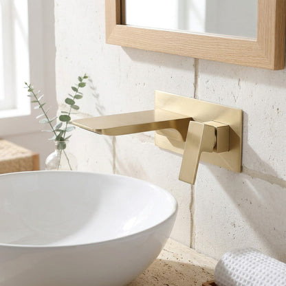 Lagomel waterfall single-handle wall-mount bathroom faucet in brushed gold, matte black, chrome, set in a Modern/Contemporary bathroom