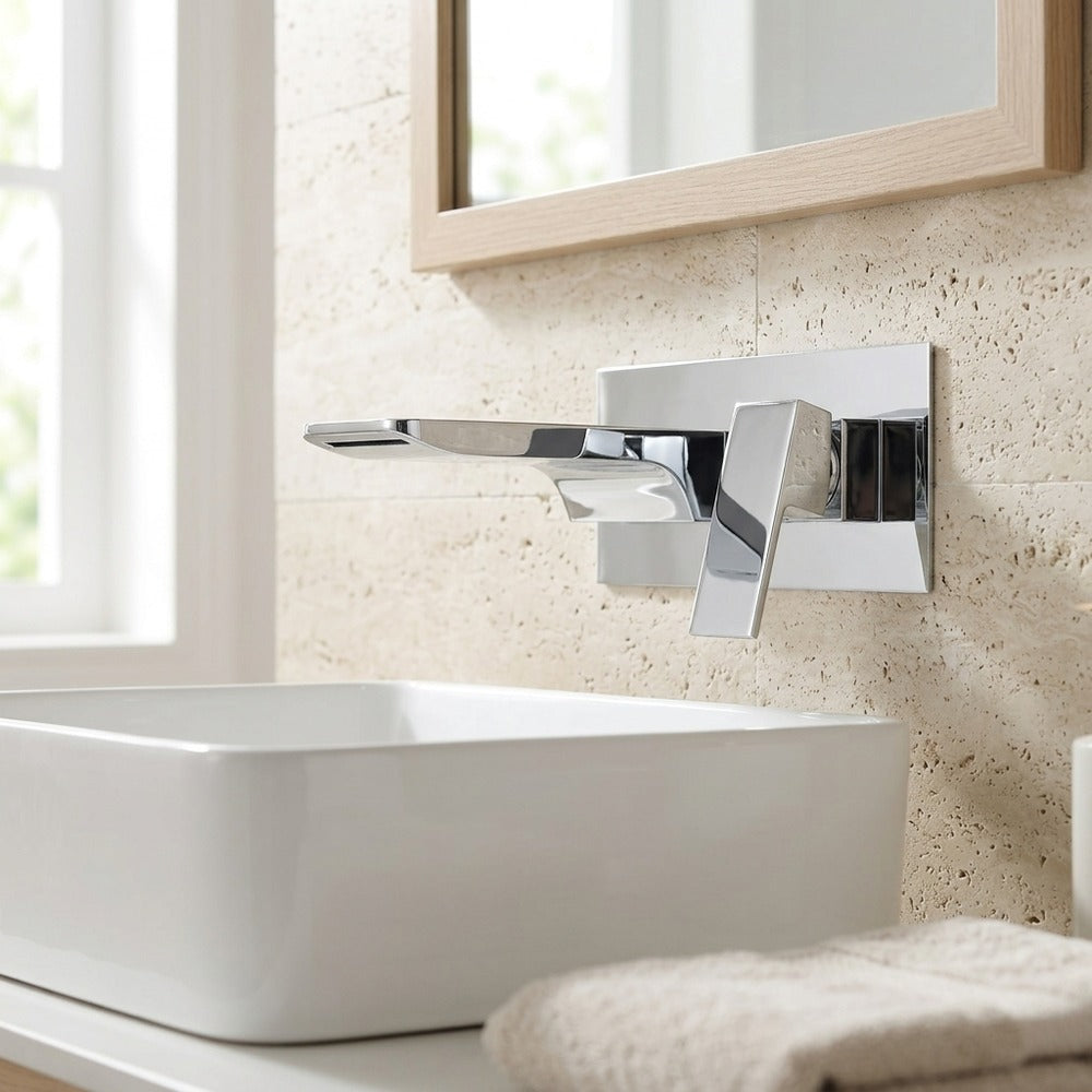 Lagomel waterfall single-handle wall-mount bathroom faucet, set in a Modern/Vintage/Retro bathroom