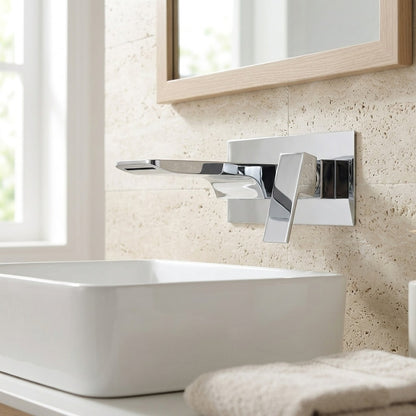 Lagomel waterfall single-handle wall-mount bathroom faucet, set in a Modern/Vintage/Retro bathroom