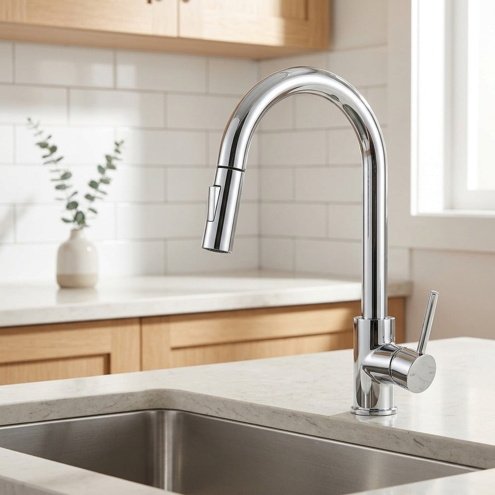 Lagomel single-handle pull-down kitchen faucet in brushed gold, matte black, brushed nickel, chrome, gunmetal, set in a Modern/Contemporary kitchen