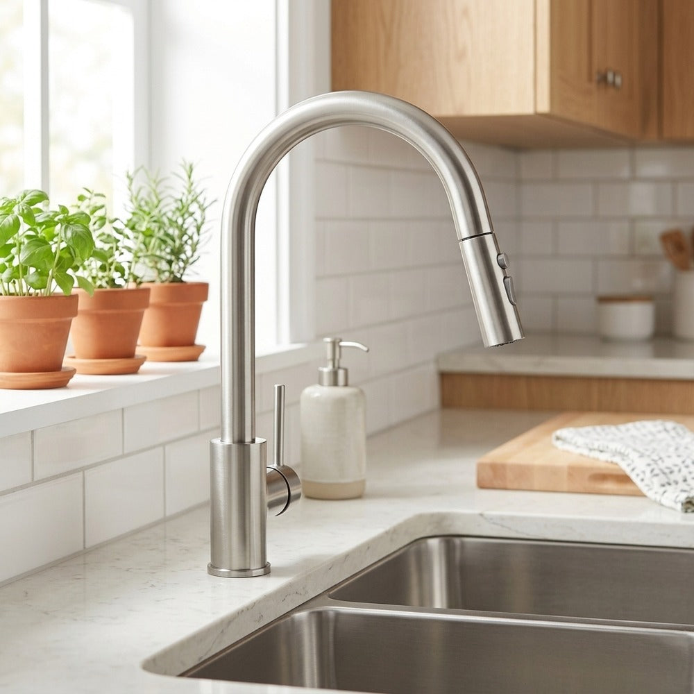 Lagomel single-handle pull-down kitchen faucet, set in a Modern/Contemporary kitchen