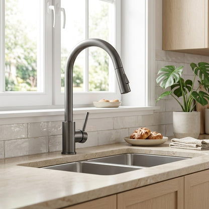 Lagomel single-handle pull-down kitchen faucet, set in a Modern/Contemporary kitchen