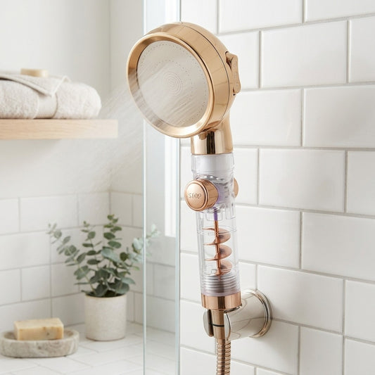 Lagomel hand shower in polished gold, chrome, set in a Contemporary bathroom