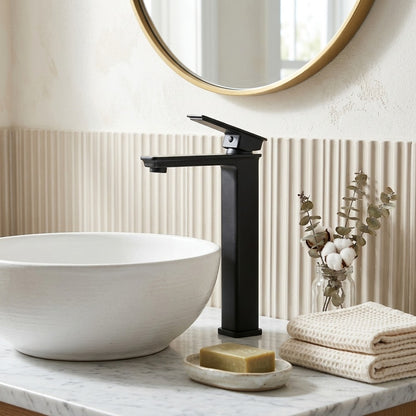 Lagomel single-handle vessel sink faucet in matte black, chrome, oil-rubbed bronze, set in a Contemporary bathroom
