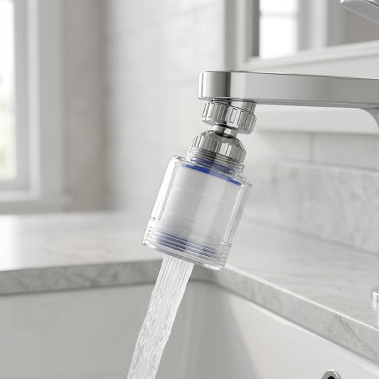 Lagomel faucet water filter in chrome, set in a Traditional/Classic bathroom