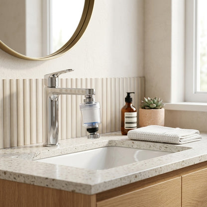 Lagomel faucet water filter, set in a Modern bathroom