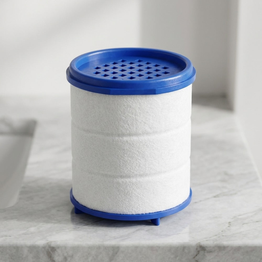 Lagomel faucet water filter, set in a Modern bathroom