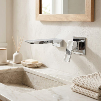 Lagomel waterfall single-handle wall-mount bathroom faucet, set in a Modern/Vintage/Retro bathroom