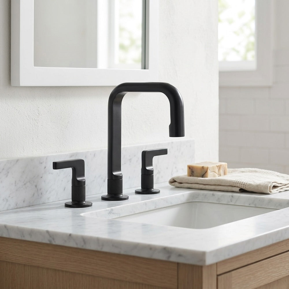 Lagomel two-handle widespread bathroom faucet, set in a Vintage/Retro/Traditional/Classic bathroom