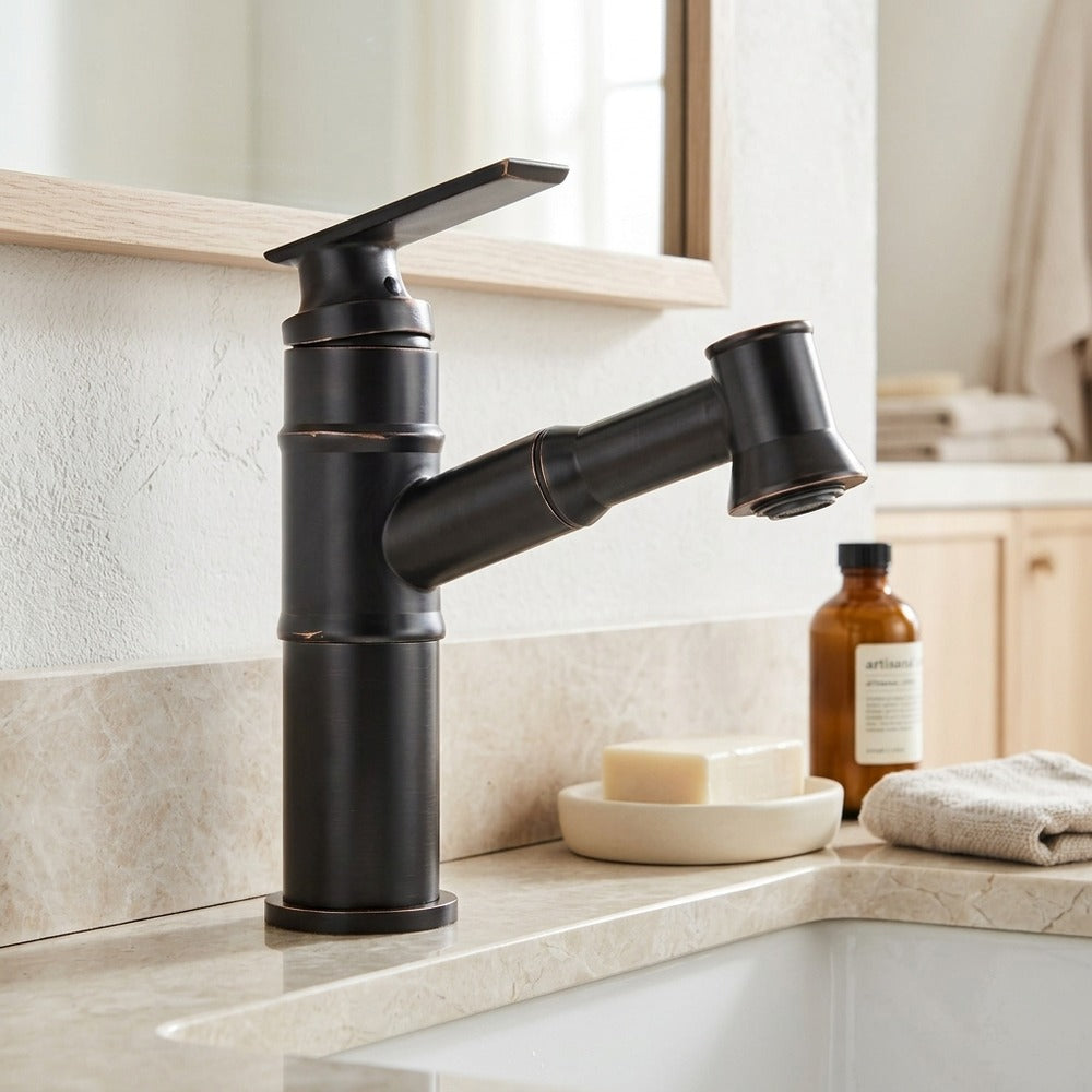 Lagomel pull-out single-hole bathroom faucet in matte black, oil-rubbed bronze, antique brass, brushed nickel, set in a Vintage/Retro bathroom