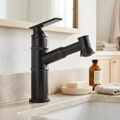 Lagomel pull-out single-hole bathroom faucet in matte black, oil-rubbed bronze, antique brass, brushed nickel, set in a Vintage/Retro bathroom