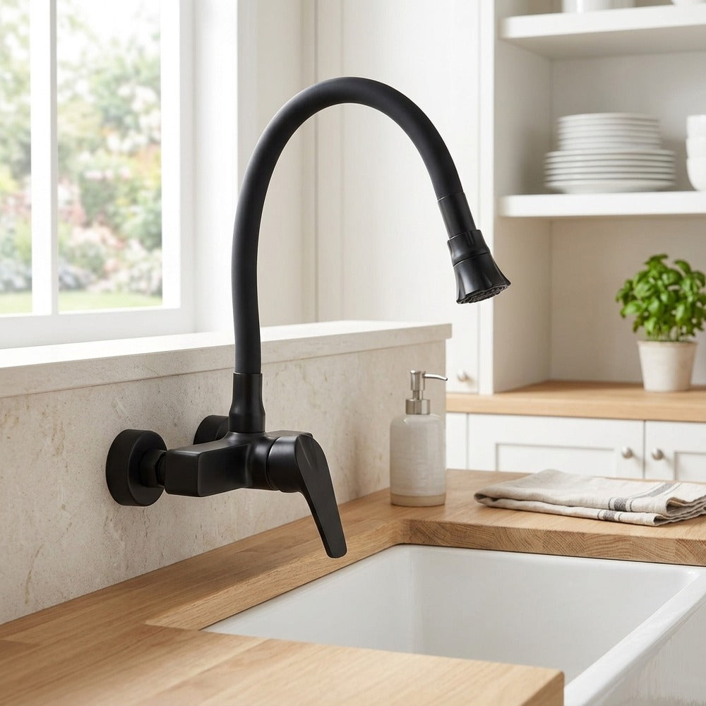 Lagomel single-handle wall-mount kitchen faucet in matte black, set in a Modern/Contemporary kitchen