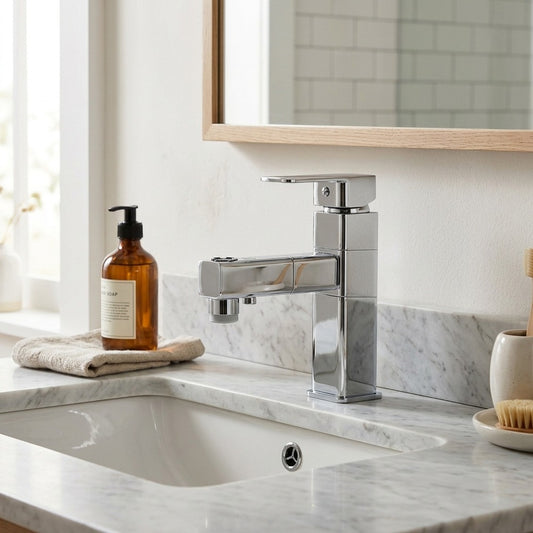 Lagomel pull-out single-hole bathroom faucet in matte black, chrome, brushed nickel, gunmetal, matte white, set in a Modern/Minimalist bathroom