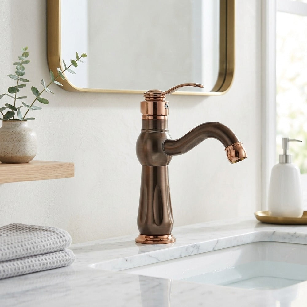 Lagomel single-hole bathroom faucet in oil-rubbed bronze, matte black, brushed nickel, chrome, polished gold, set in a Traditional/Classic/Contemporary bathroom