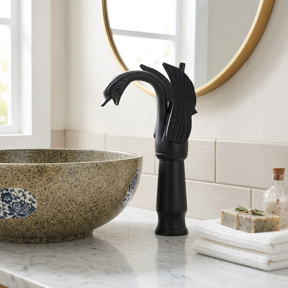 Lagomel single-hole single-handle vessel sink faucet, set in a Modern/Minimalist/Contemporary bathroom