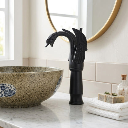 Lagomel single-hole single-handle vessel sink faucet, set in a Modern/Minimalist/Contemporary bathroom