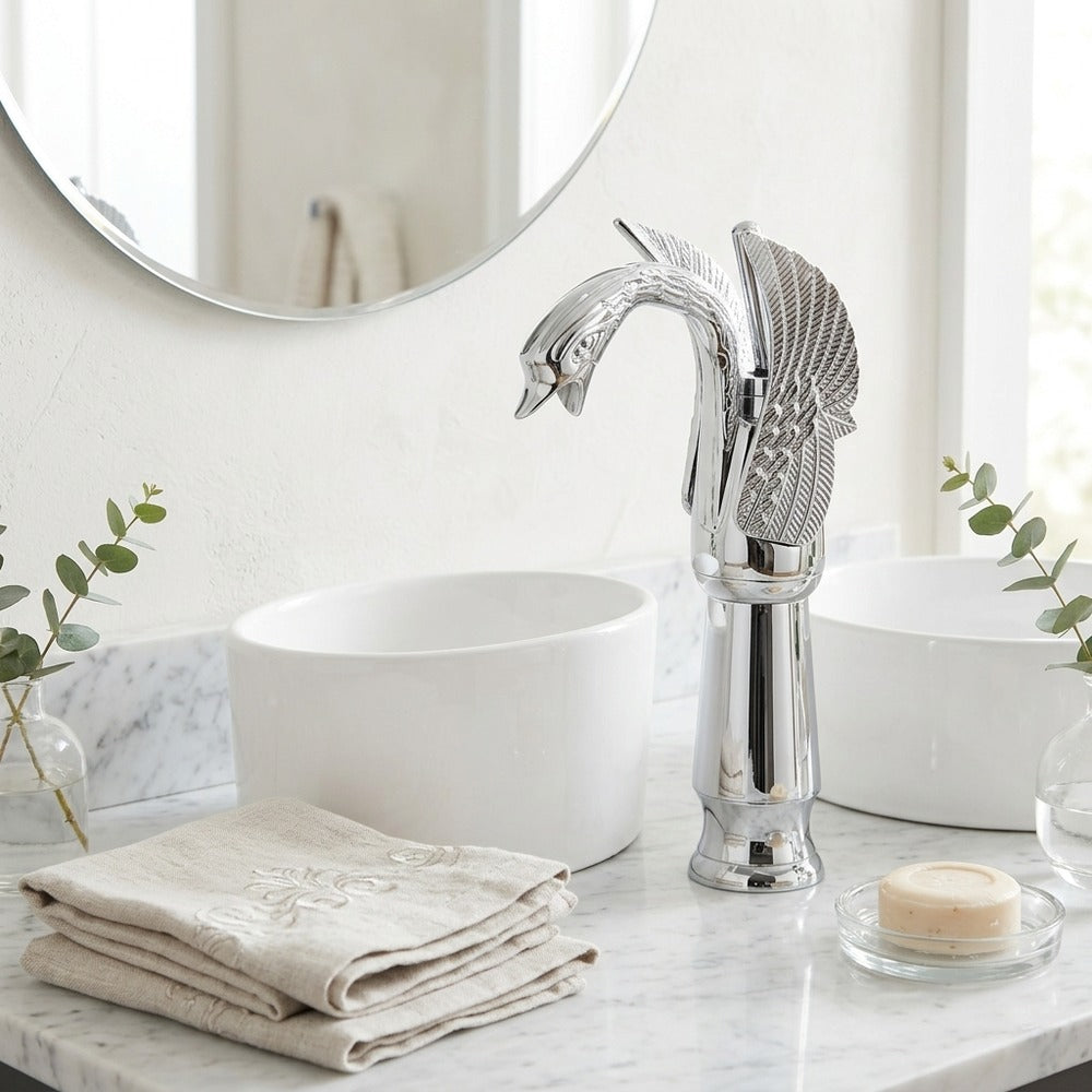 Lagomel single-hole single-handle vessel sink faucet, set in a Modern/Minimalist/Contemporary bathroom