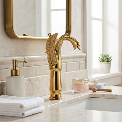 Lagomel single-hole single-handle vessel sink faucet, set in a Modern/Minimalist/Contemporary bathroom