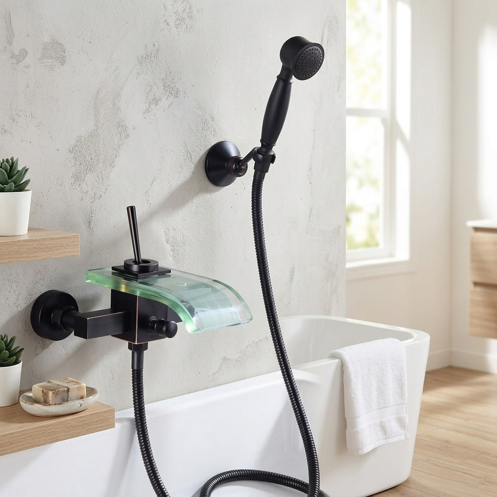 Lagomel waterfall single-handle wall-mount tub filler, set in a Modern/Minimalist bathroom