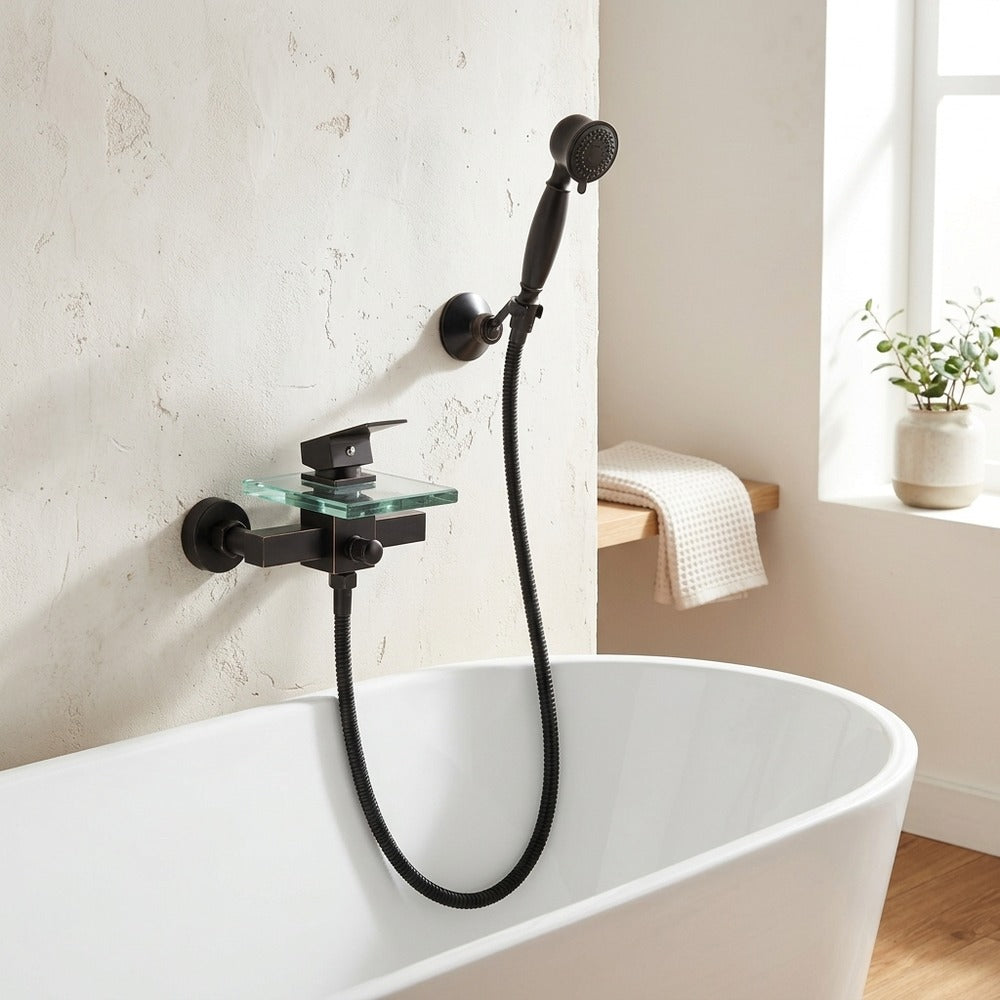 Lagomel waterfall single-handle wall-mount tub filler, set in a Modern/Minimalist bathroom