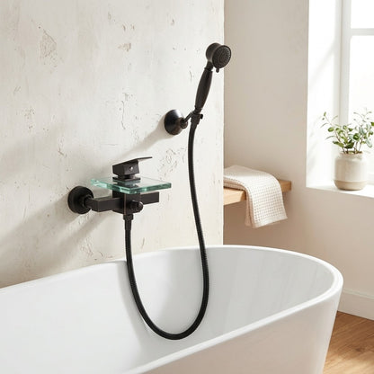 Lagomel waterfall single-handle wall-mount tub filler, set in a Modern/Minimalist bathroom