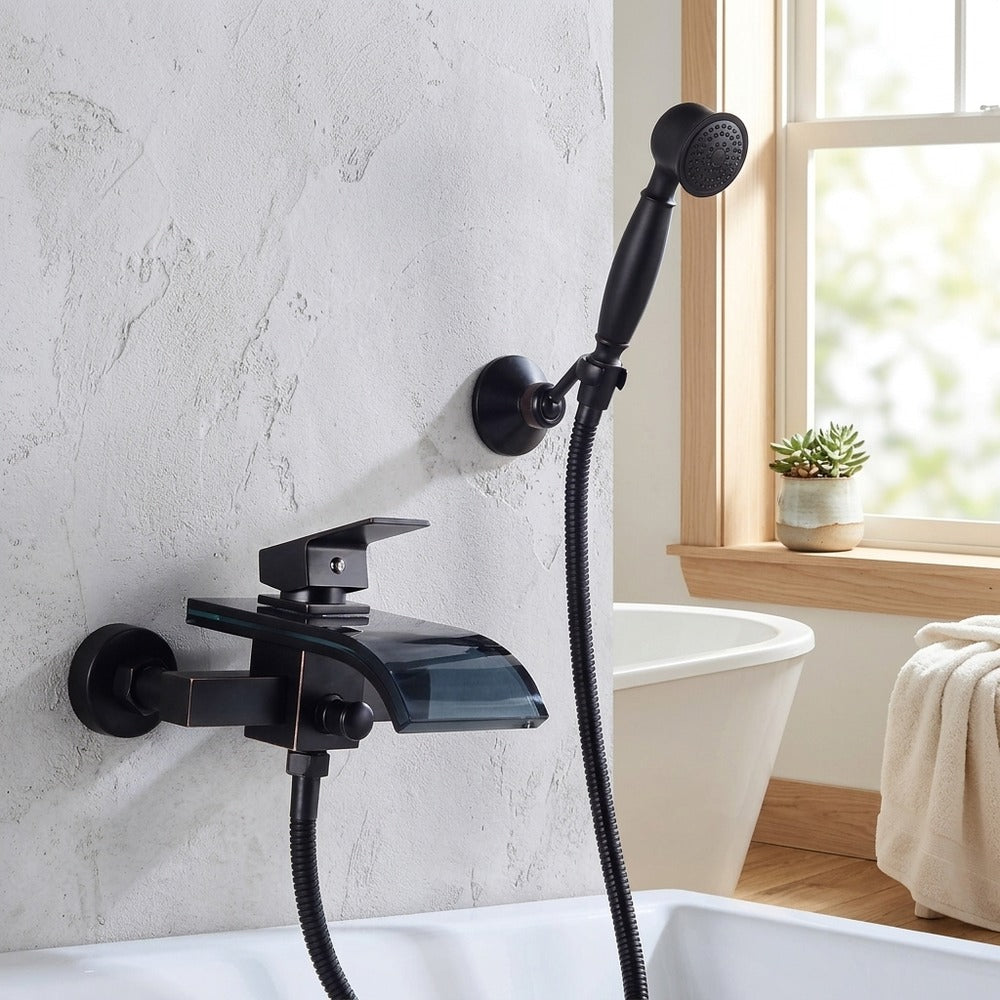 Lagomel waterfall single-handle wall-mount tub filler, set in a Modern/Minimalist bathroom
