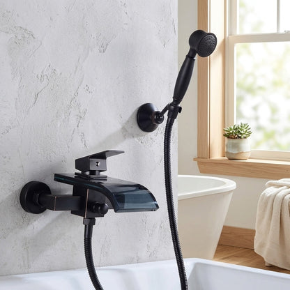Lagomel waterfall single-handle wall-mount tub filler, set in a Modern/Minimalist bathroom