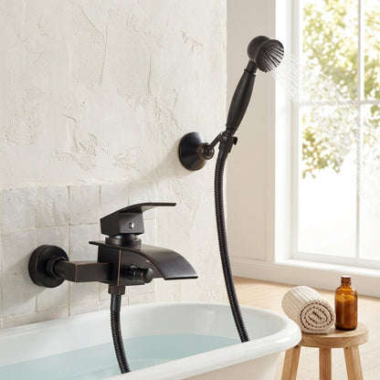 Lagomel waterfall single-handle wall-mount tub filler, set in a Modern/Minimalist bathroom