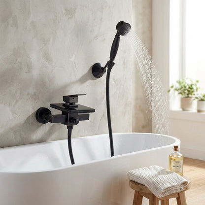 Lagomel waterfall single-handle wall-mount tub filler, set in a Modern/Minimalist bathroom