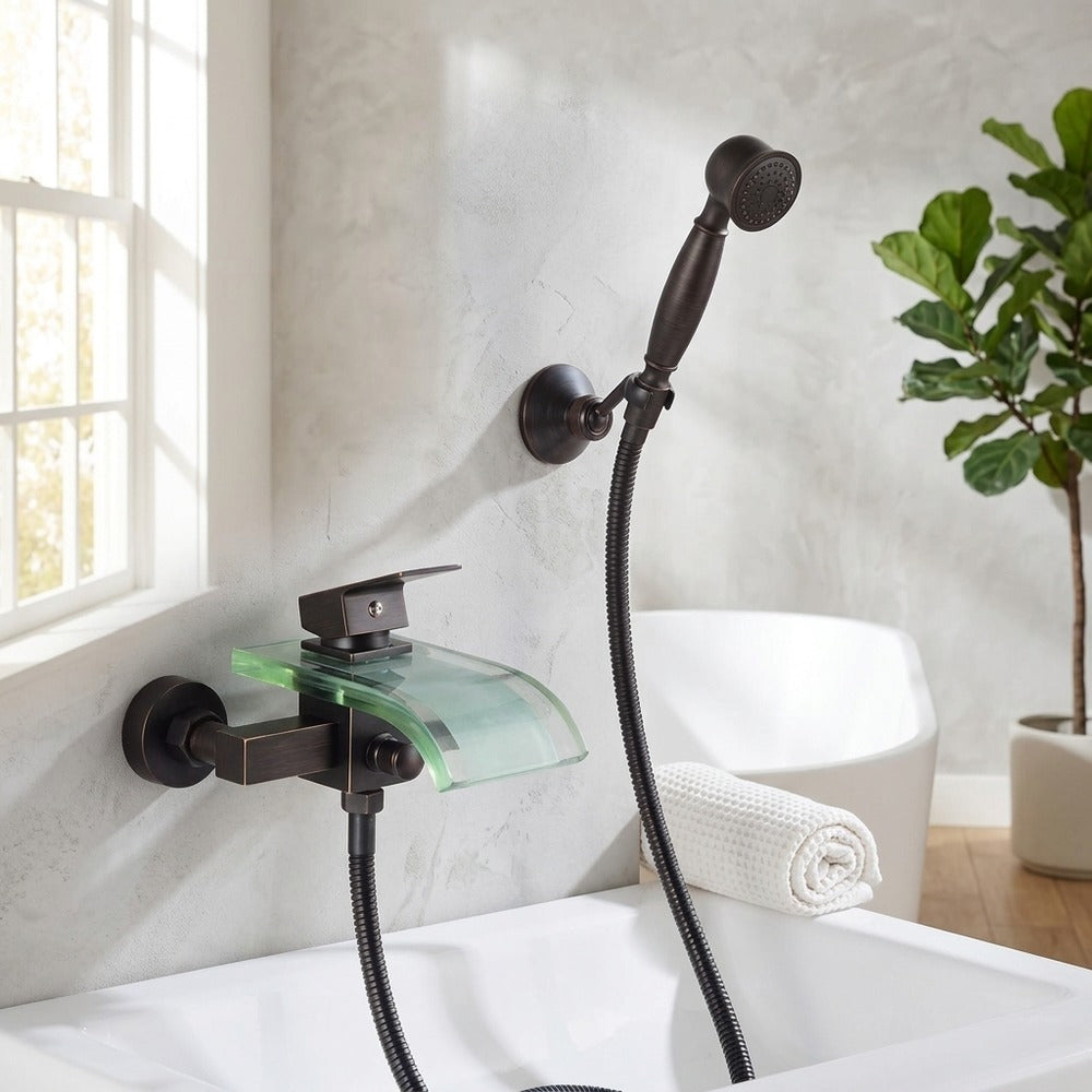 Lagomel waterfall single-handle wall-mount tub filler, set in a Modern/Minimalist bathroom