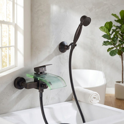 Lagomel waterfall single-handle wall-mount tub filler, set in a Modern/Minimalist bathroom