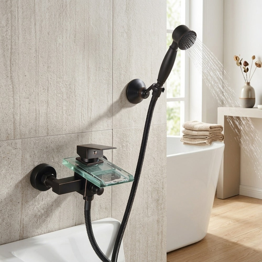 Lagomel waterfall single-handle wall-mount tub filler, set in a Modern/Minimalist bathroom