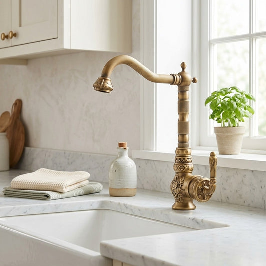 Lagomel single-handle kitchen faucet in antique brass, set in a Modern/Contemporary kitchen