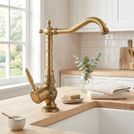 Lagomel single-handle kitchen faucet in antique brass, brushed brass, brushed nickel, set in a Traditional/Classic/Vintage/Retro kitchen