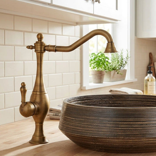 Lagomel single-handle kitchen faucet in antique brass, oil-rubbed bronze, set in a Vintage/Retro kitchen