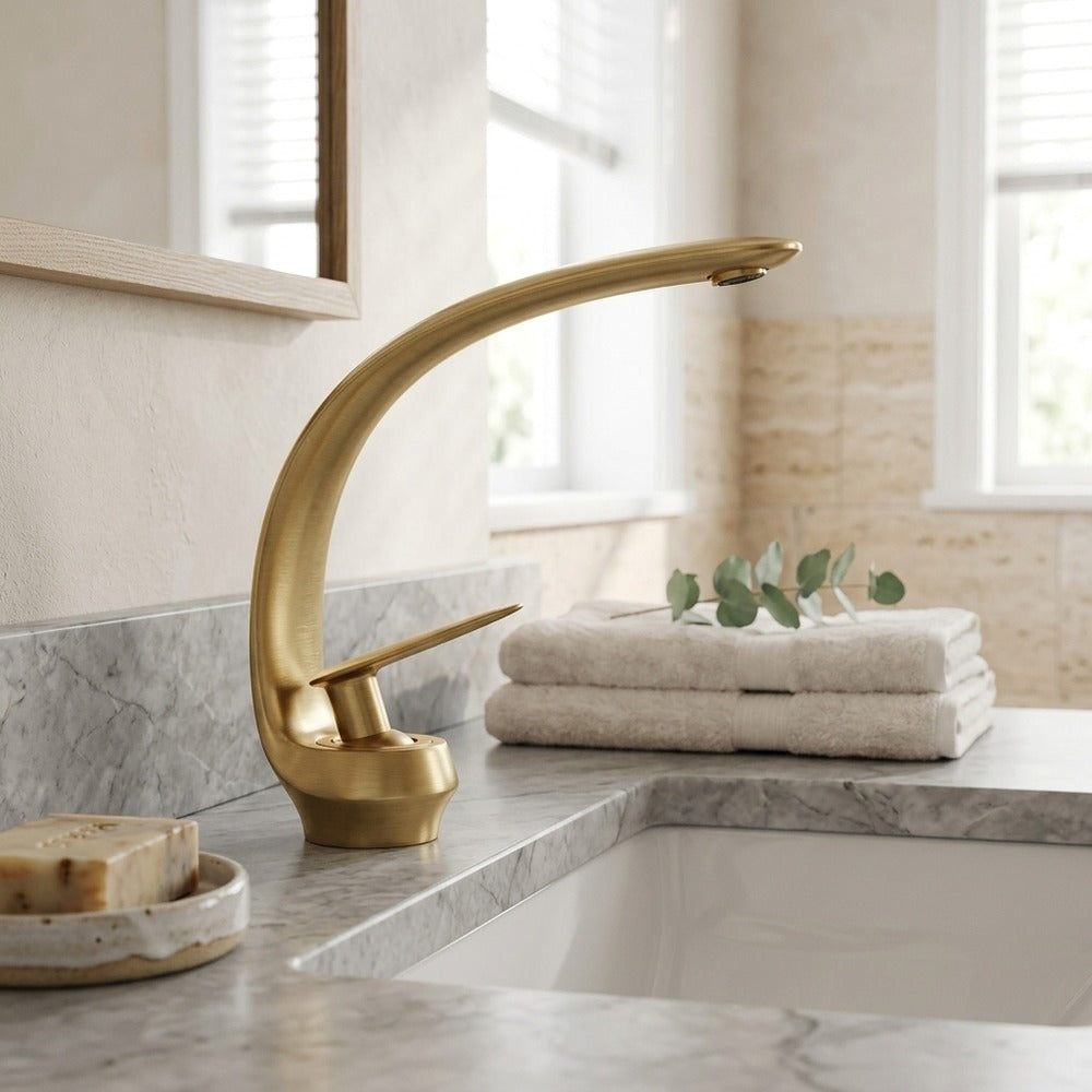 Lagomel single-hole bathroom faucet in matte black, brushed gold, brushed nickel, chrome, rose gold, matte white,, set in a Modern/Contemporary bathroom