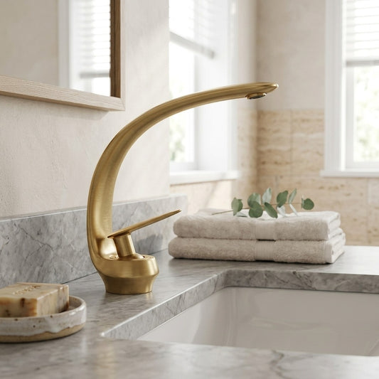 Lagomel single-hole bathroom faucet in matte black, brushed gold, brushed nickel, chrome, rose gold, matte white,, set in a Modern/Contemporary bathroom